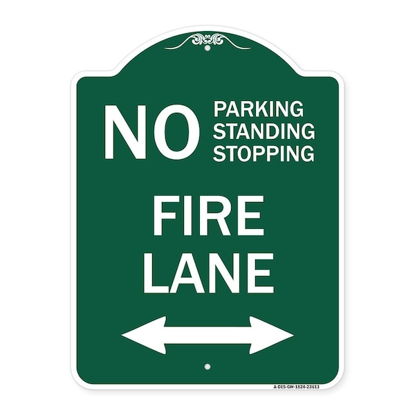 No Parking Standing or Stopping Fire Lane with Bidirectional Arrow, Green & White, GW-1824-23613
